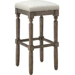Aiden Upholstered Tan Backless Barstool With Nailhead Trim, 30 Promotion