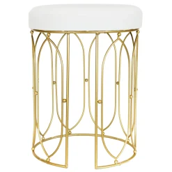 Arca Glazed Gold Wire Vanity Stool/Padded White Faux Leather Seat Outlet