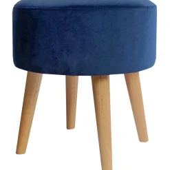 Emmy Navy Velvet Round Wood Leg Ottoman Less Expensive
