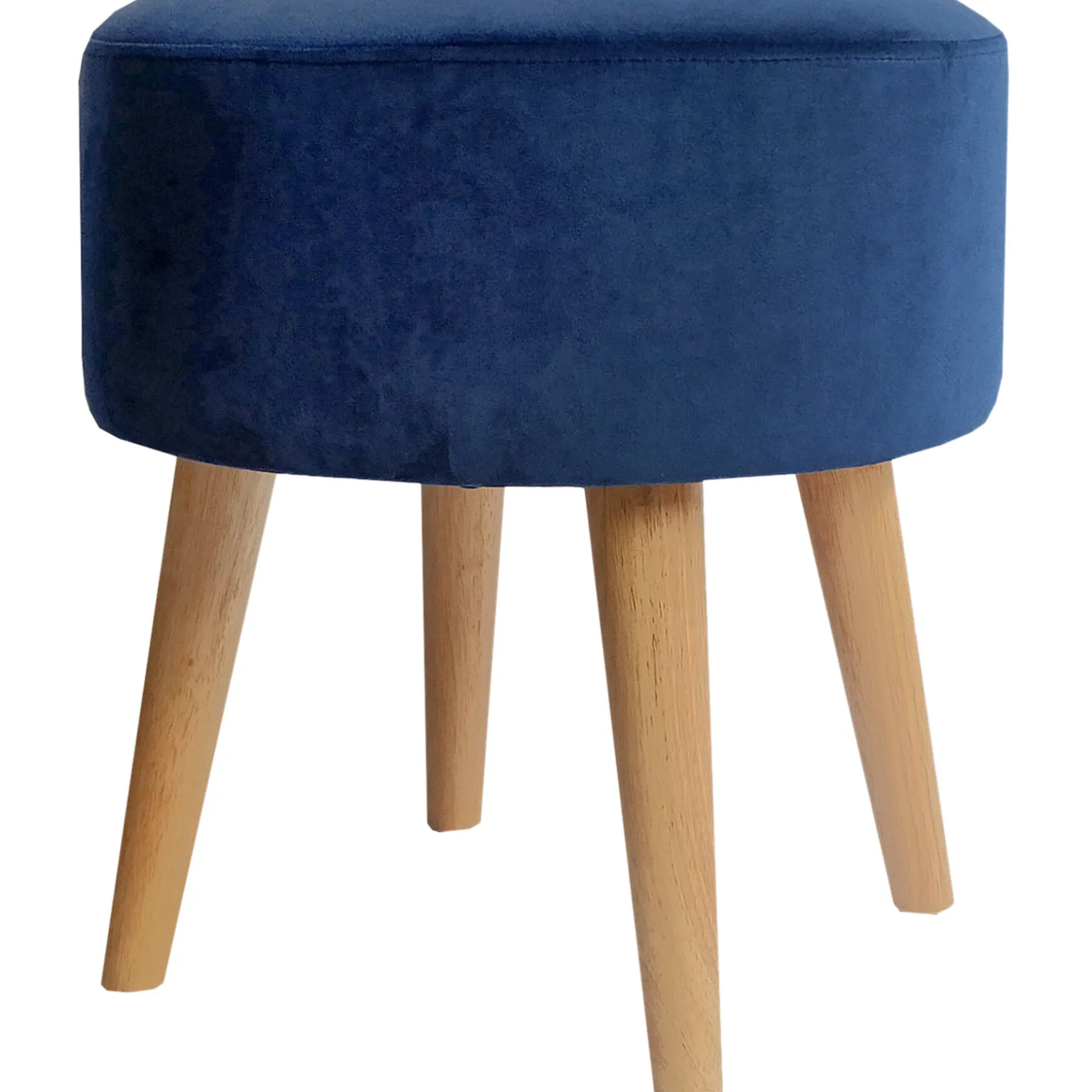 Emmy Navy Velvet Round Wood Leg Ottoman Less Expensive