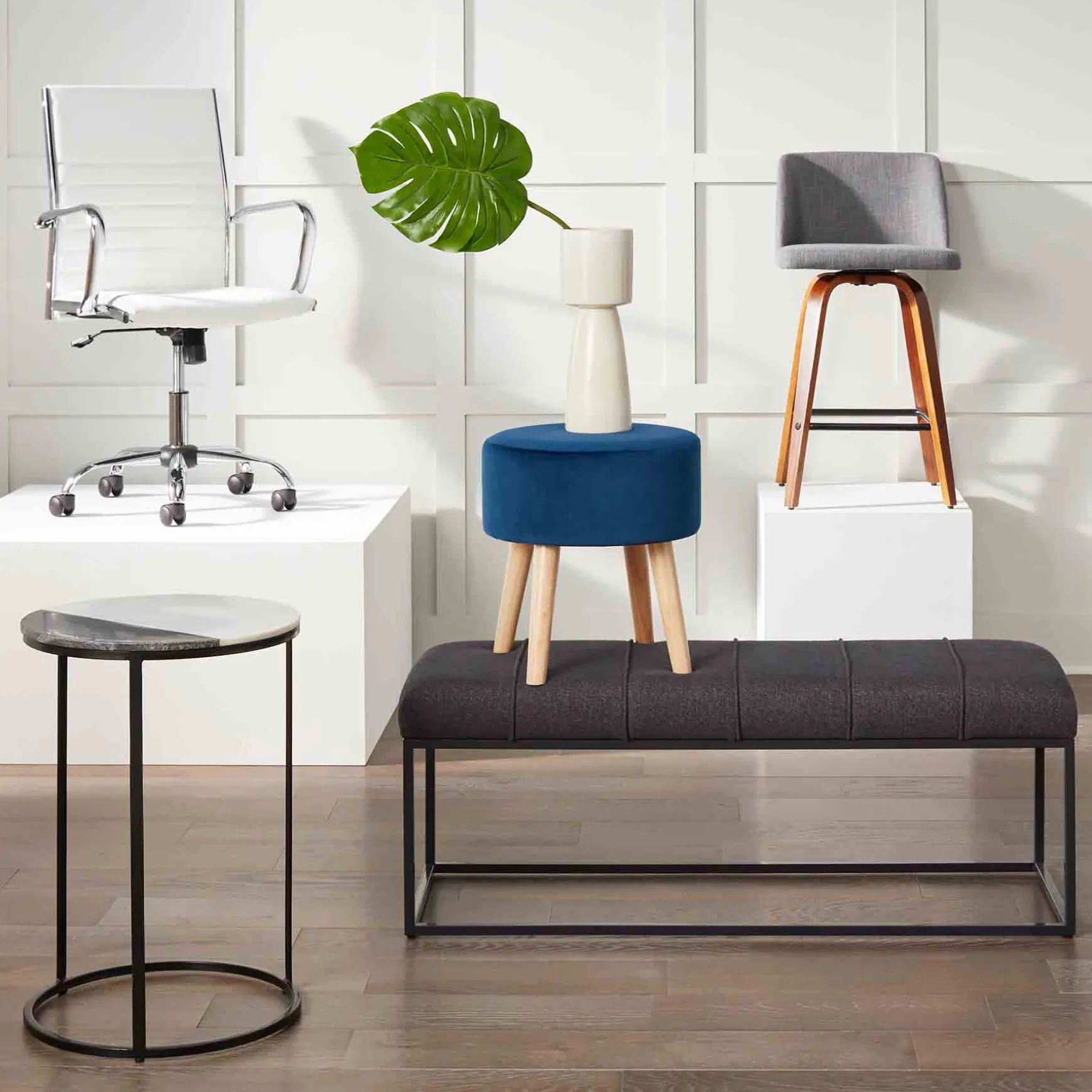 Emmy Navy Velvet Round Wood Leg Ottoman Less Expensive