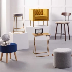 Emmy Navy Velvet Round Wood Leg Ottoman Less Expensive