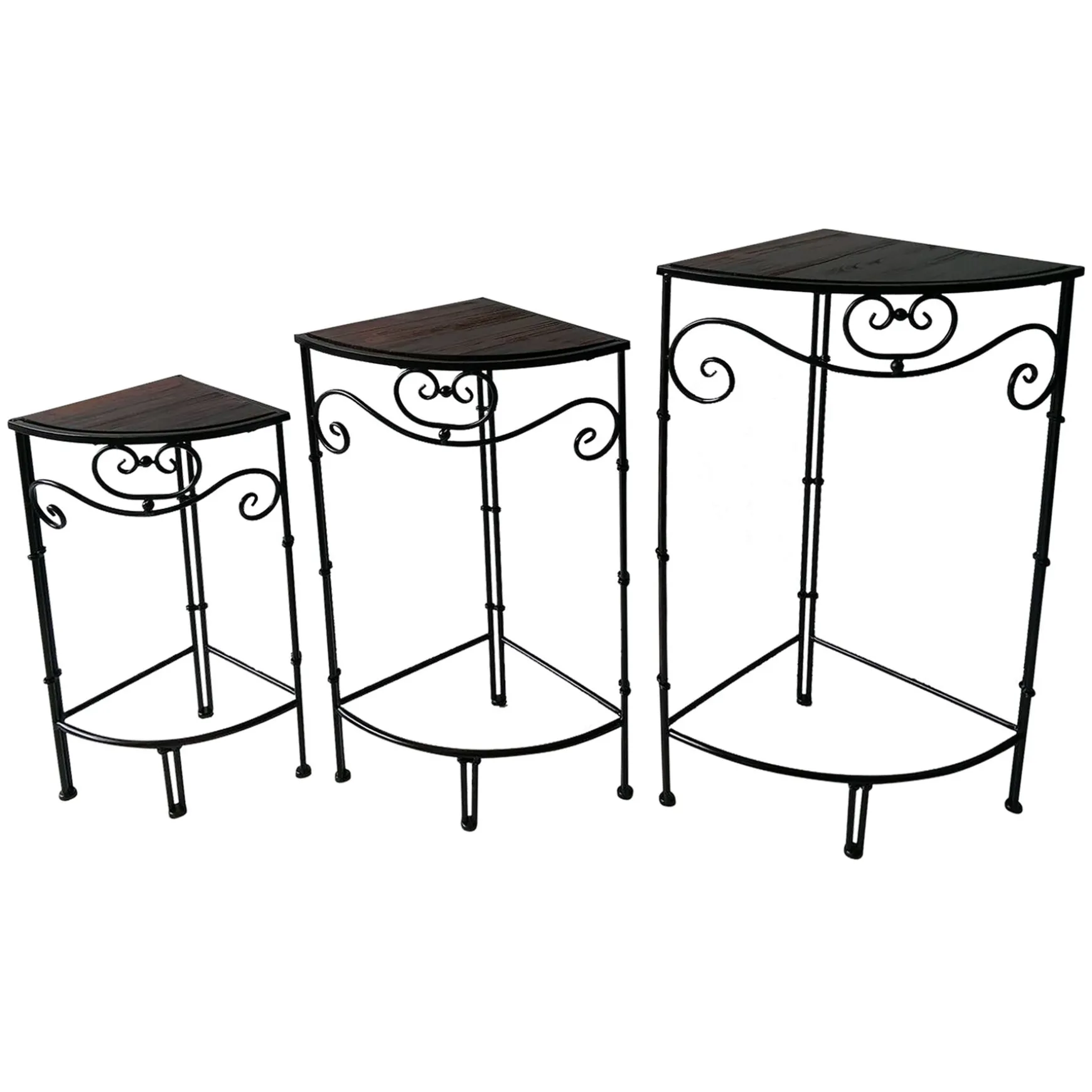 Fan Shaped Wood Top Plant Stand With Bronze Double Tube Metal Leg, Small Less Expensive