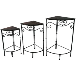 Fan Shaped Wood Top Plant Stand With Bronze Double Tube Metal Leg, Medium Premium