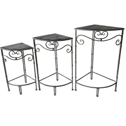 Fan Shaped Wood Top Plant Stand With Rustic Double Tube Metal Leg, Medium Less Expensive