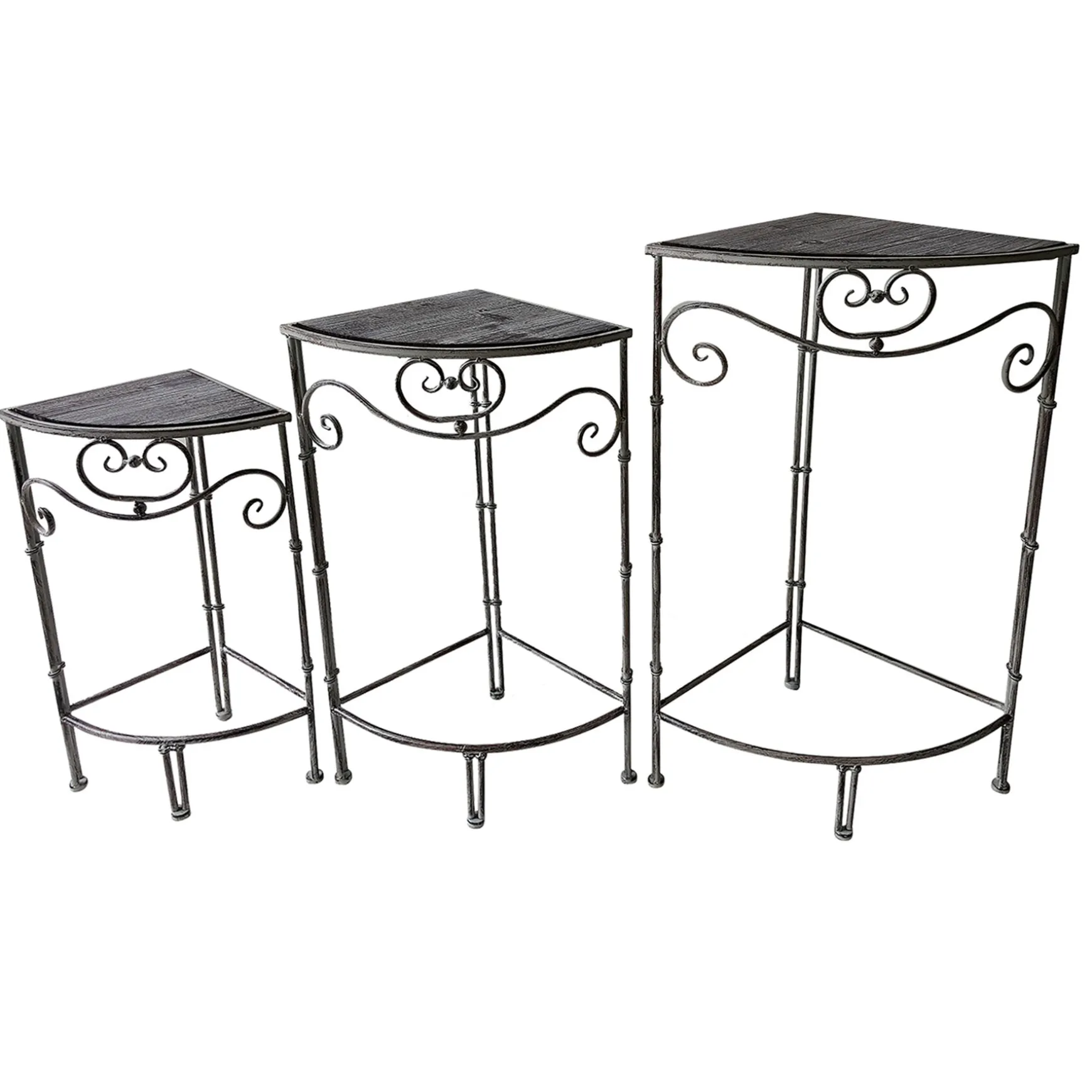 Fan Shaped Wood Top Plant Stand With Rustic Double Tube Metal Leg, Medium Less Expensive