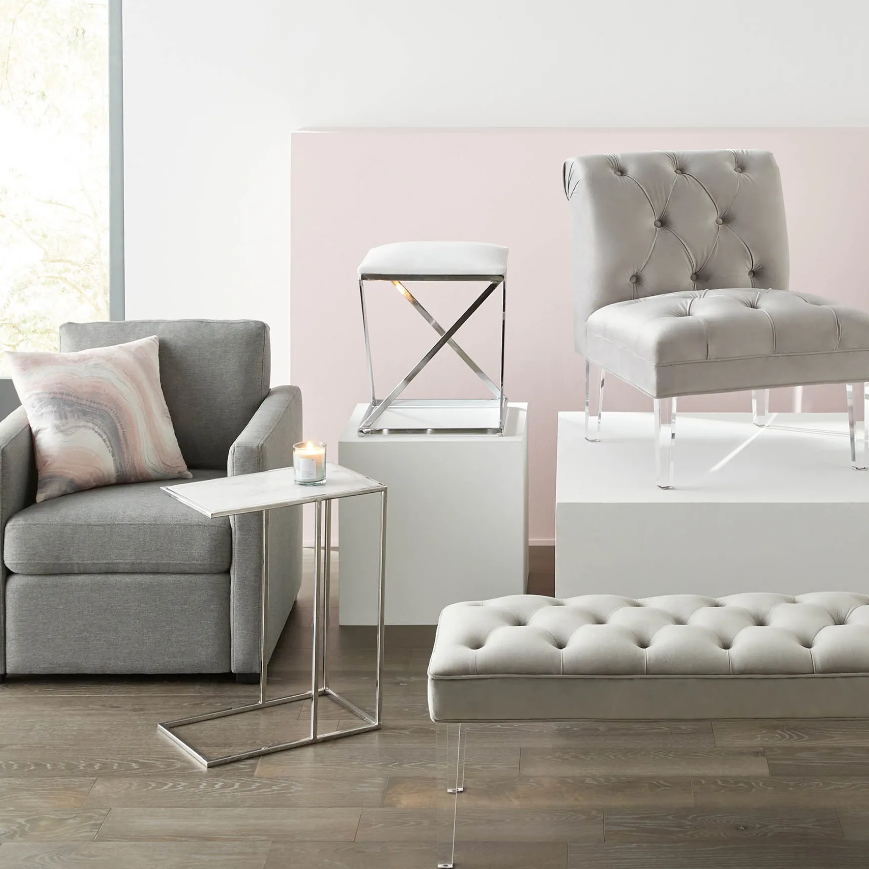 Laila Ali Grey Tufted Accent Chair With Clear Acrylic Legs Outlet