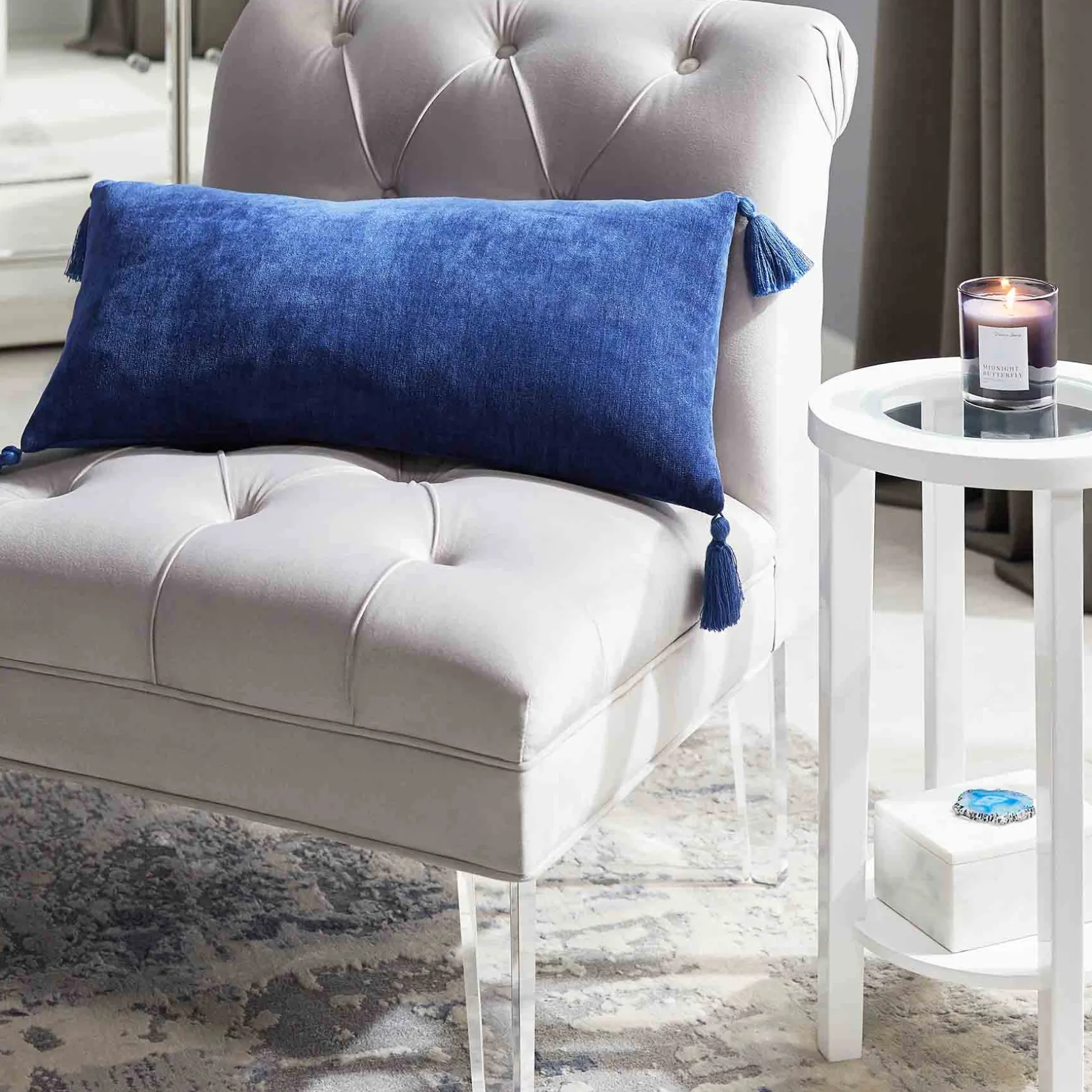 Laila Ali Grey Tufted Accent Chair With Clear Acrylic Legs Outlet