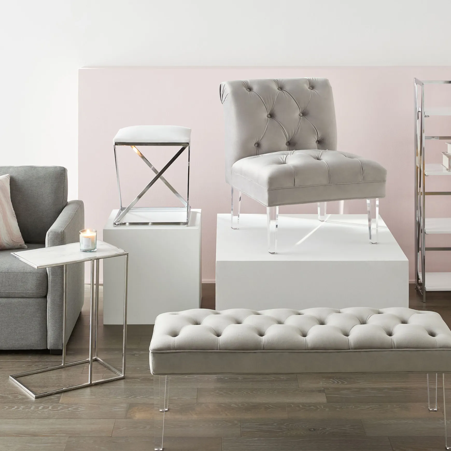 Laila Ali Grey Tufted Bench With Clear Acrylic Legs Promotion