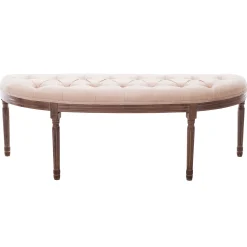 Lourdes Ivory Linen Tufted Curved Bench W/Distressed Wood Legs Opening Sales