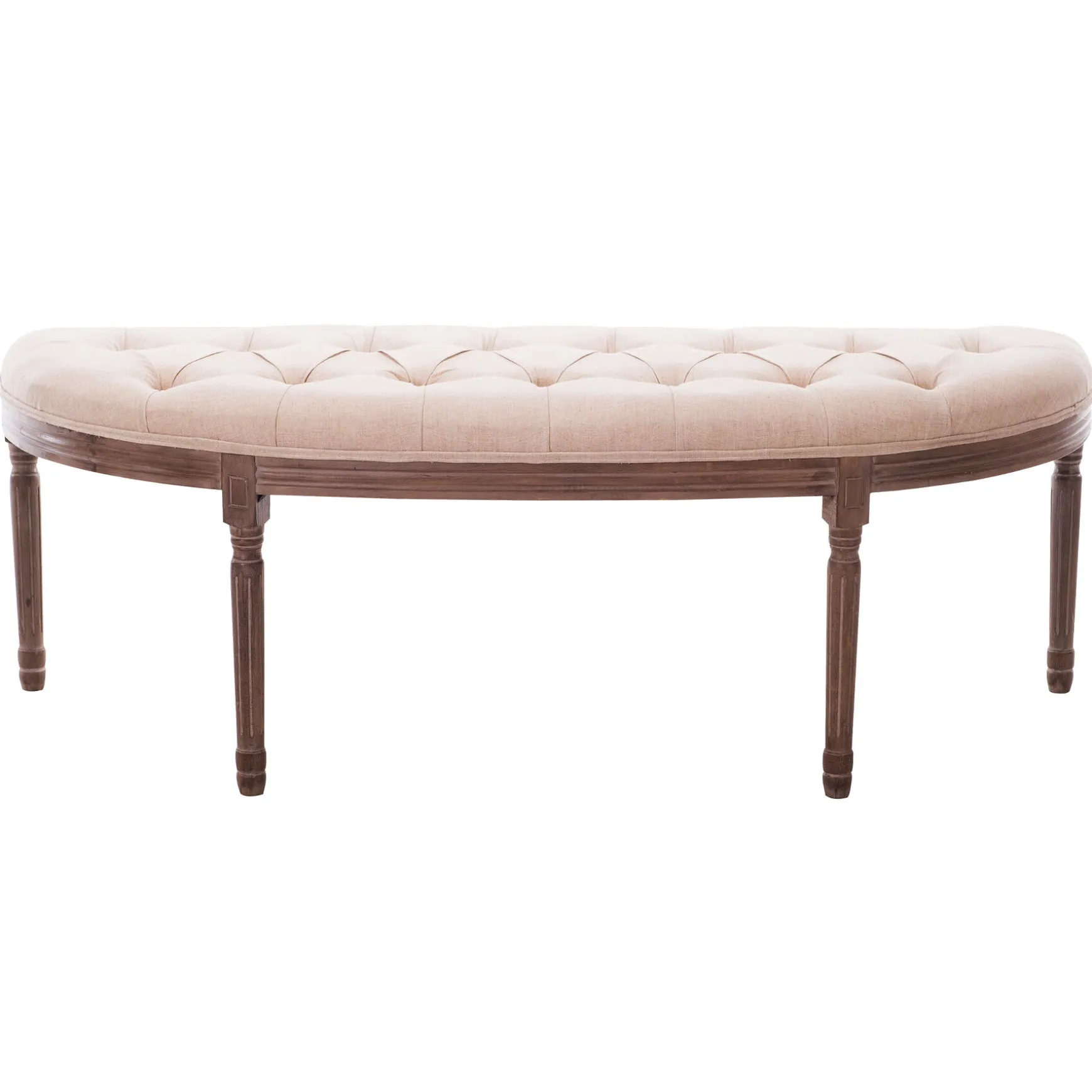 Lourdes Ivory Linen Tufted Curved Bench W/Distressed Wood Legs Opening Sales