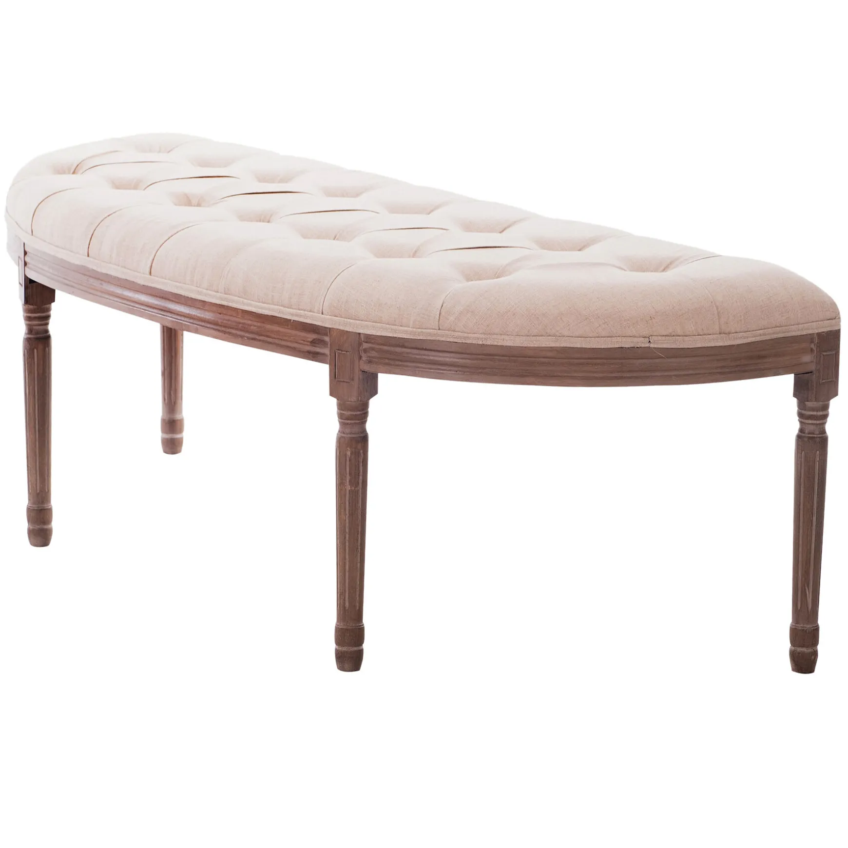 Lourdes Ivory Linen Tufted Curved Bench W/Distressed Wood Legs Opening Sales