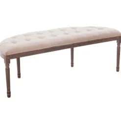 Lourdes Ivory Linen Tufted Curved Bench W/Distressed Wood Legs Opening Sales