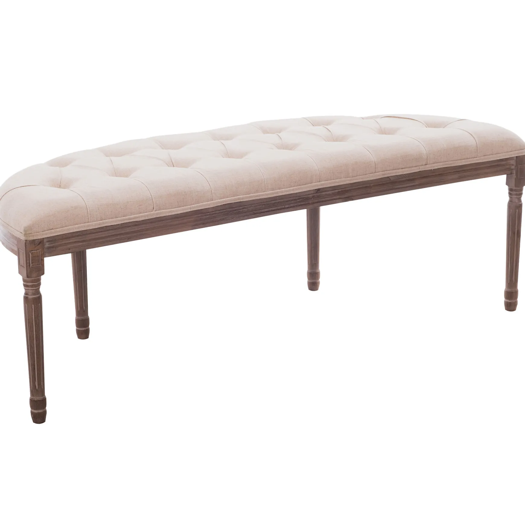 Lourdes Ivory Linen Tufted Curved Bench W/Distressed Wood Legs Opening Sales