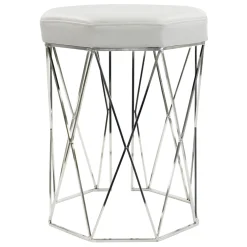 Prisma Chrome Wire Vanity Stool/Padded White Faux Leather Seat Featured