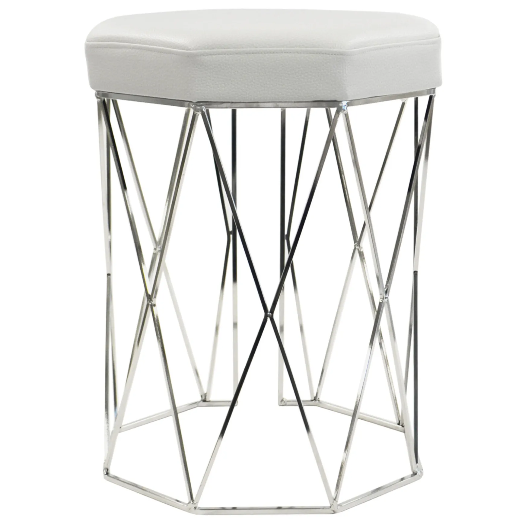 Prisma Chrome Wire Vanity Stool/Padded White Faux Leather Seat Featured
