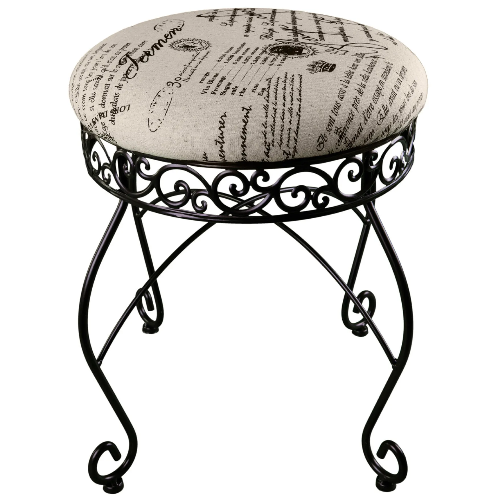 Round Metal Scroll Vanity Stool With French Script Cushion Flash Sale