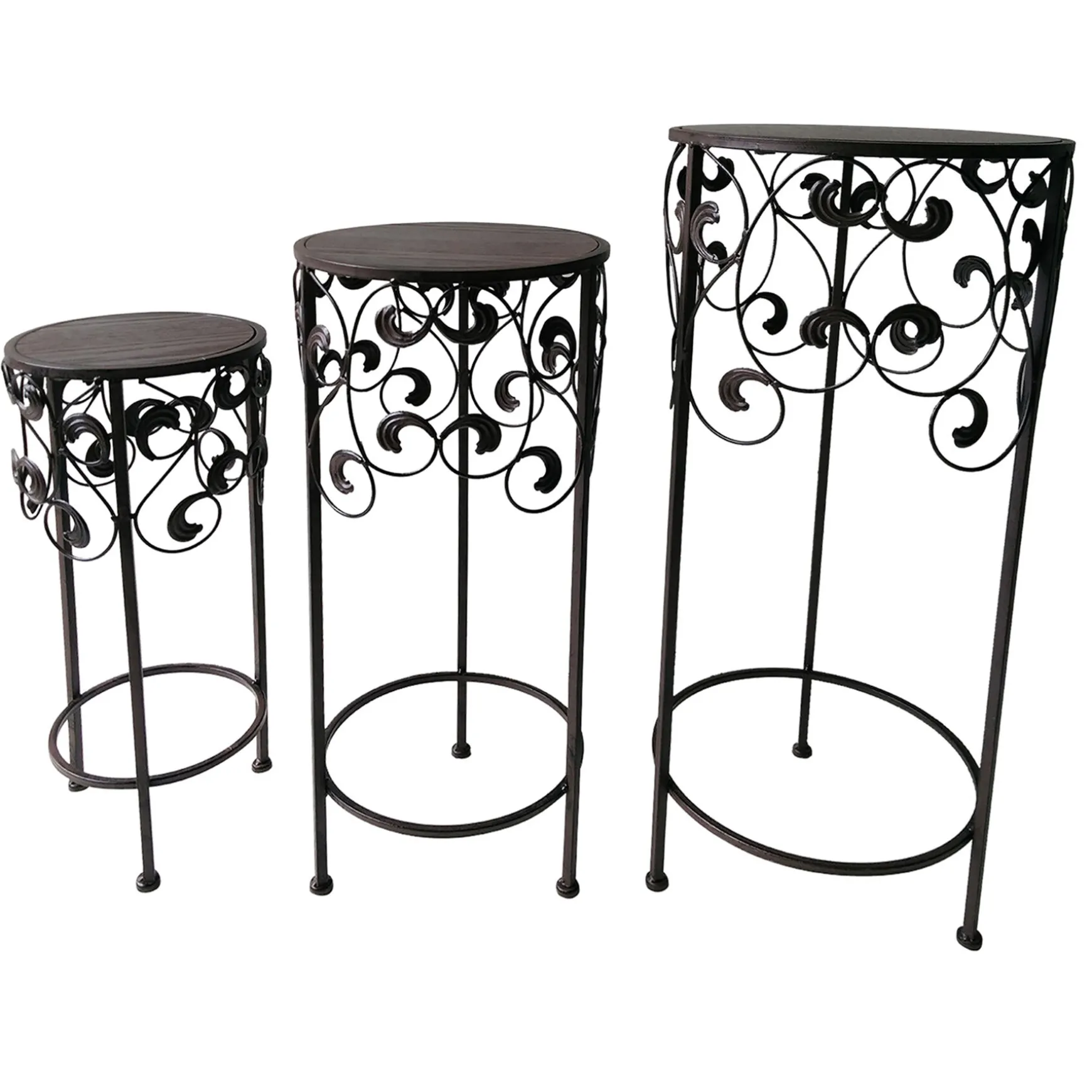 Round Wood Top With Scroll Metal Plant Stand, Small Opening Sales