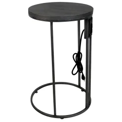 Round Wood-Top Silver Metal C-Table With Usb Port, Large Premium